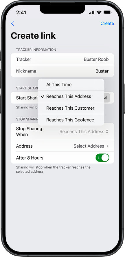 preview of Share ETA link creation